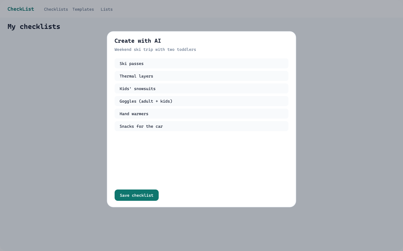 Create with AI modal showing a ski-trip packing result ready to save