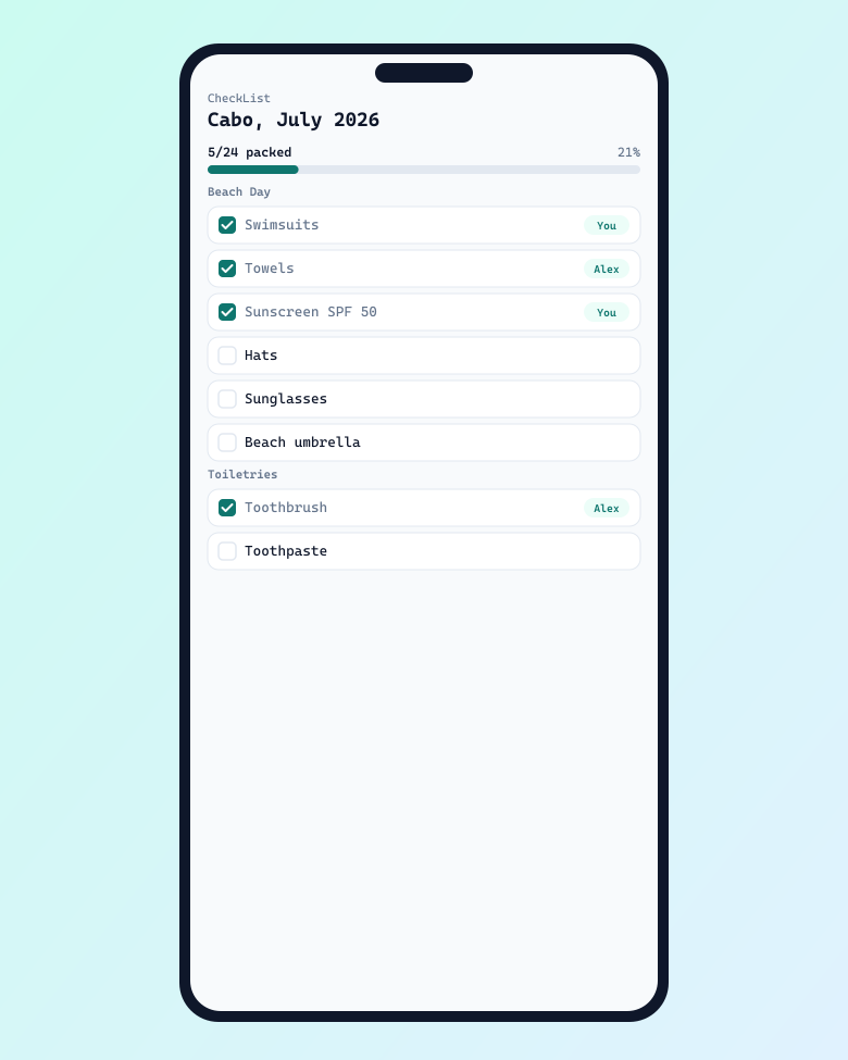 Phone showing a mid-progress packing checklist
