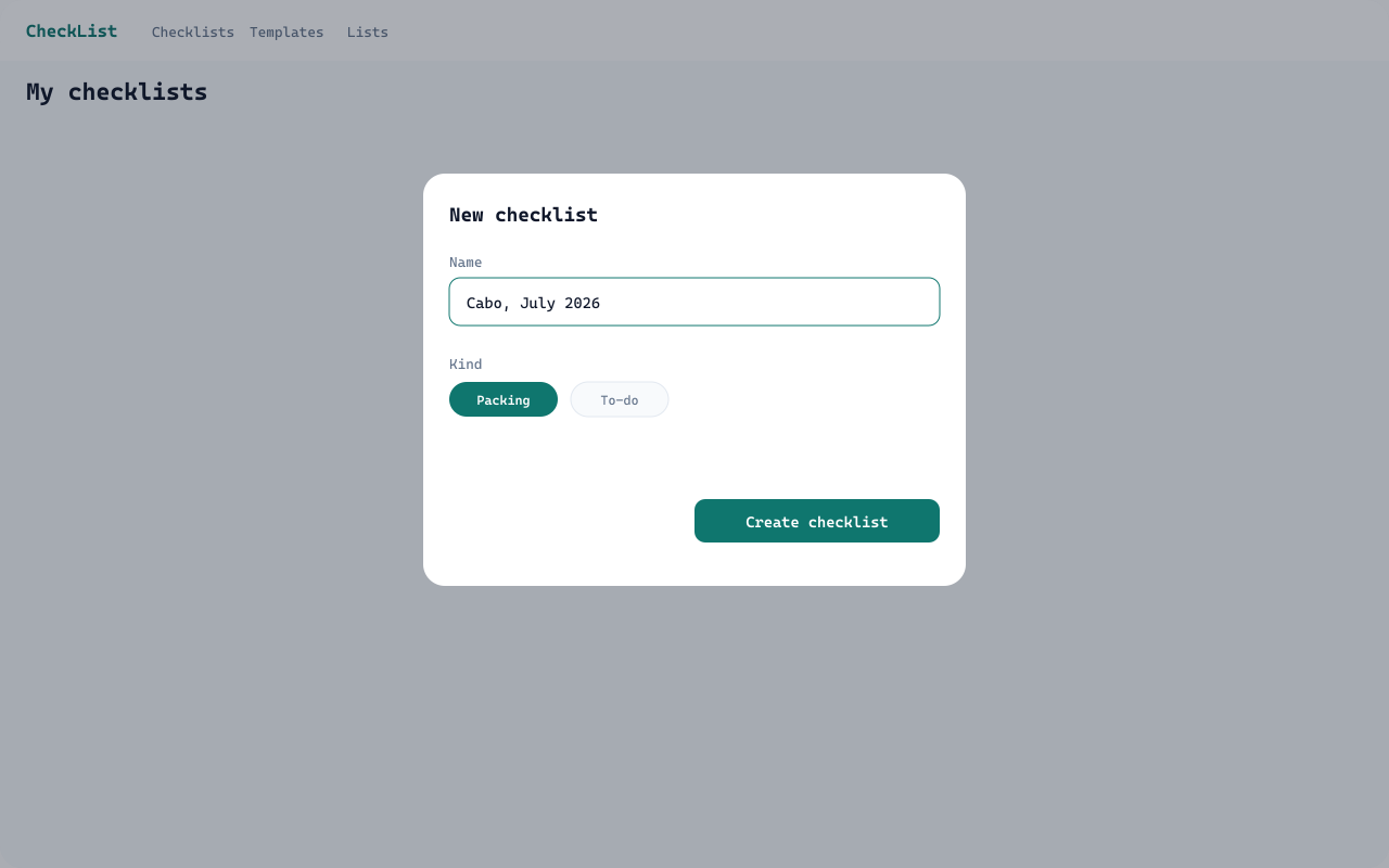 New checklist modal with the name Cabo, July 2026 and Packing selected