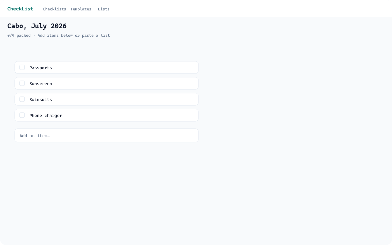 Checklist editor with four packing items ready to check off