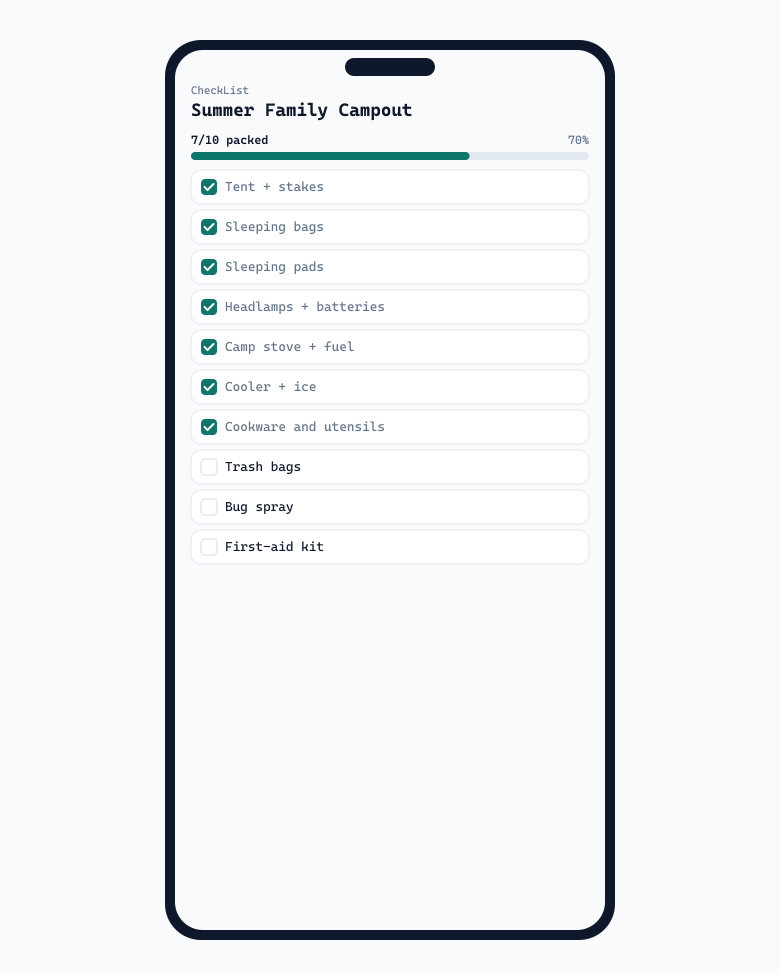 Phone showing Summer Family Campout checklist at about seventy percent complete