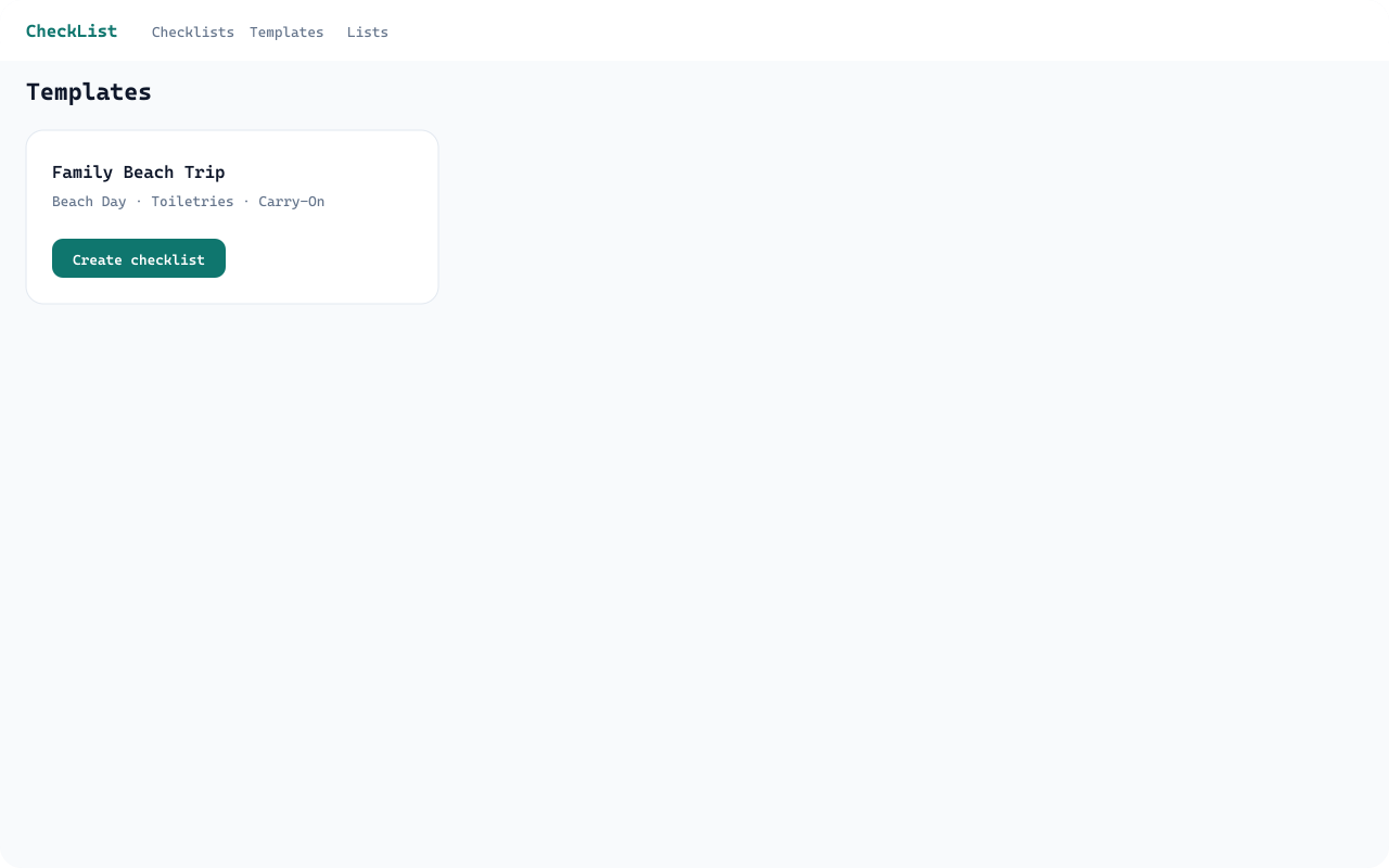 Templates page with Family Beach Trip and a Create checklist button