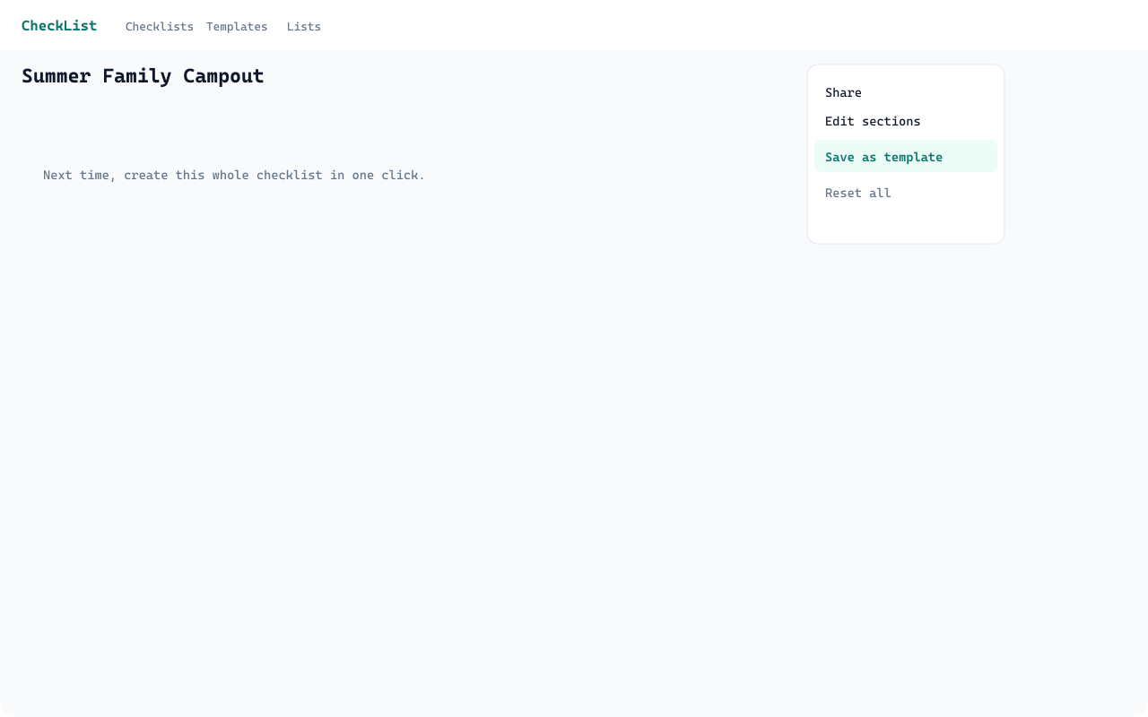 Checklist overflow menu highlighting Save as template